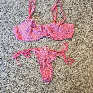 Victoria's Secret Pink Floral  36C Bra and Panty Gstring Side Tie sz Medium Set